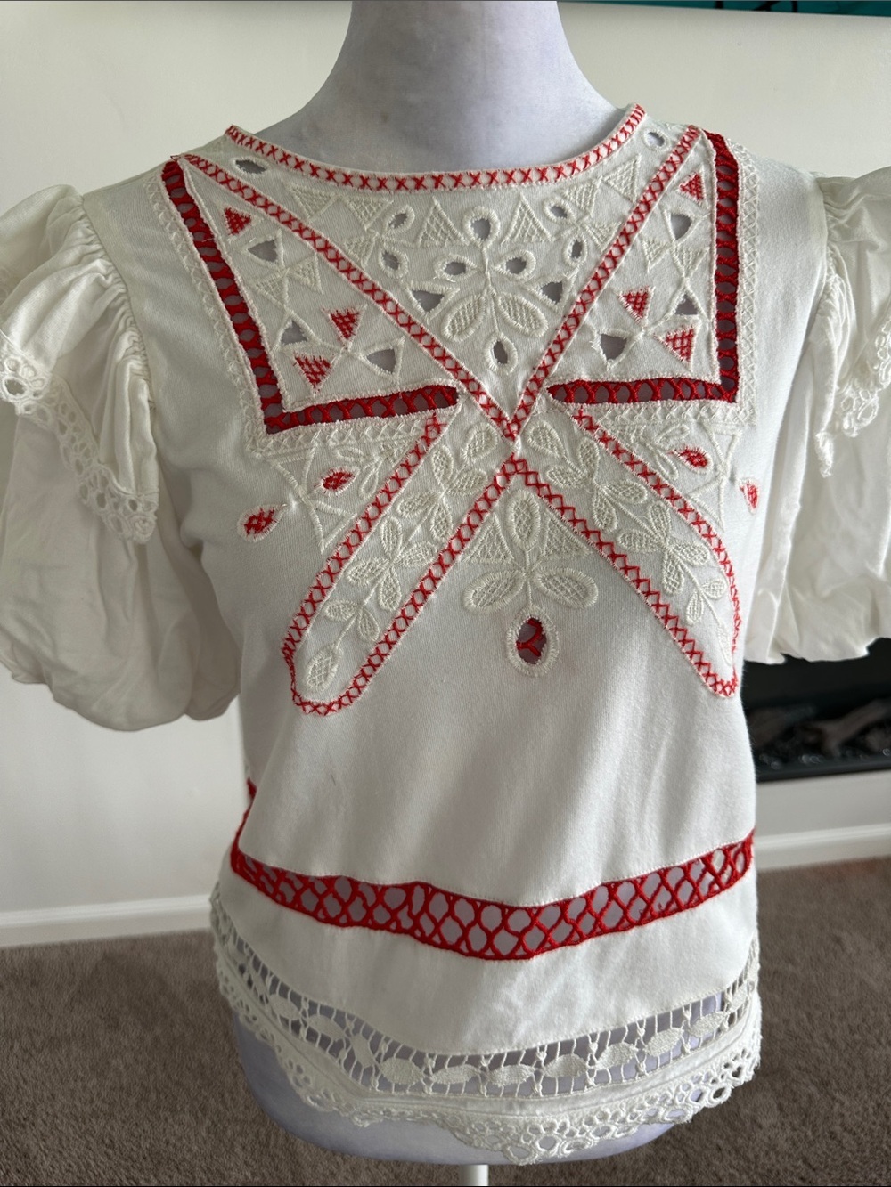 Anthropologie White Eyelet Blouse with Red Embroidery - Picture 9 of 10